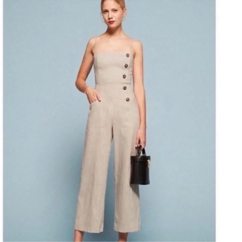 Reformation Tortuga Linen Jumpsuit Wide Leg Crop Tan